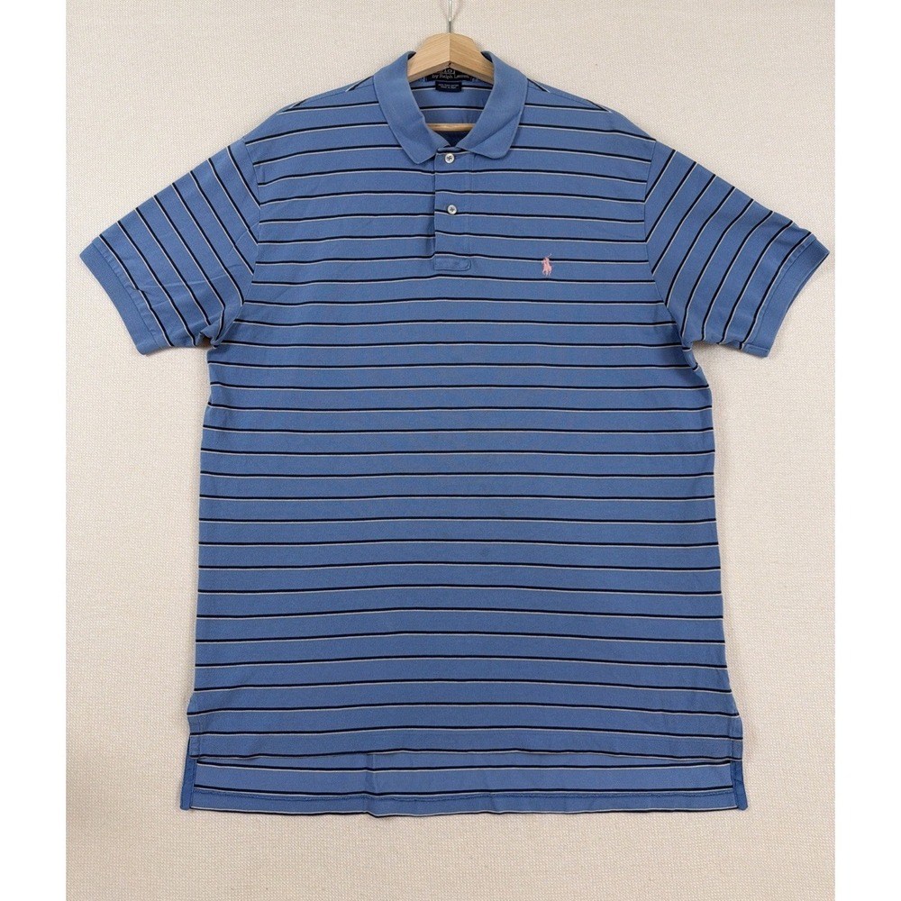 Polo by Ralph Lauren Men's Shirt XL Blue Striped Preppy Pink Pony Golf Casual
